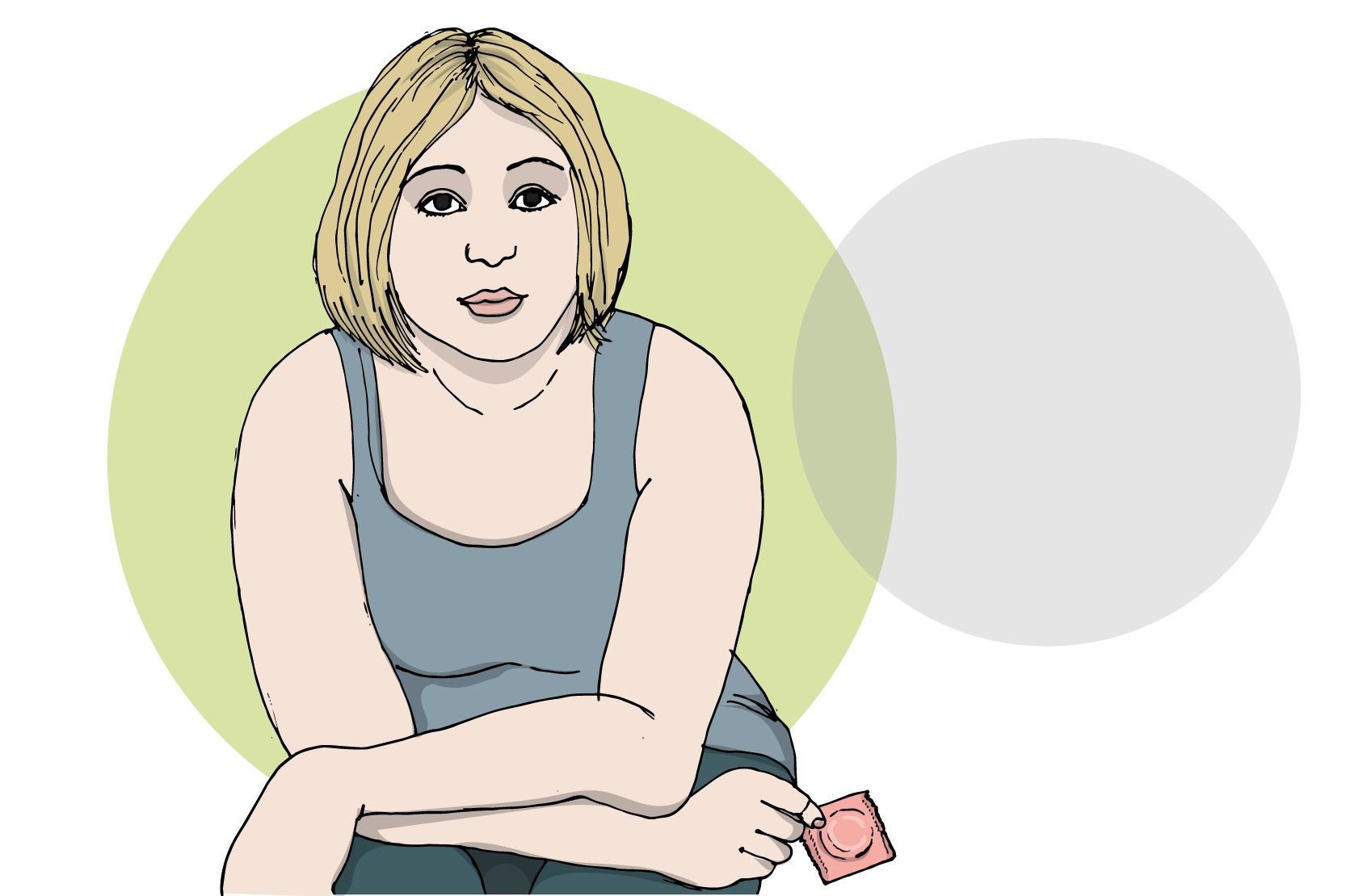 En person som sitter och håller i en kondom. Illustration.