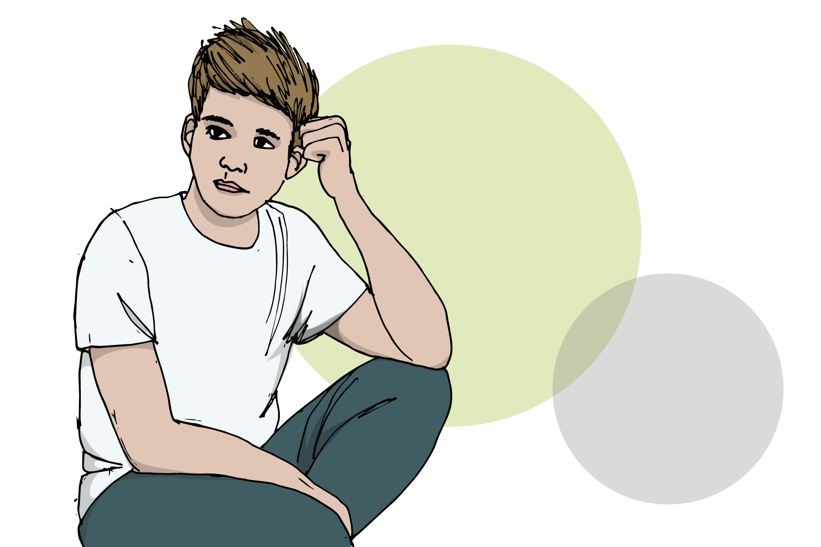 En person som sitter och ser fundersam ut. Illustration.